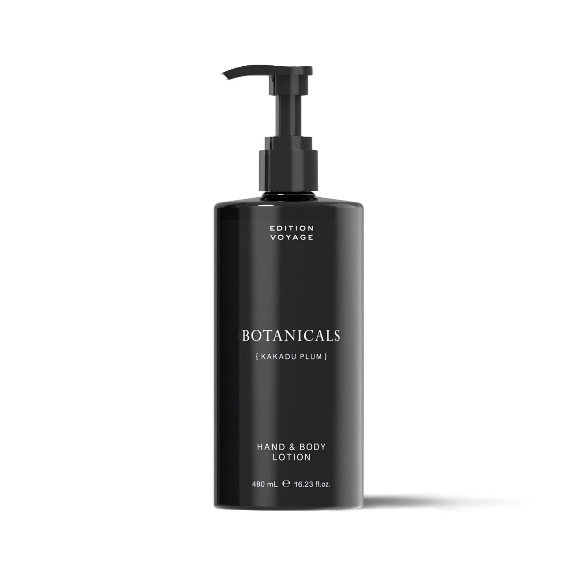 A 480mL matte black Edition Voyage Botanicals Kakadu Plum Hand & Body Lotion pump dispenser bottle.