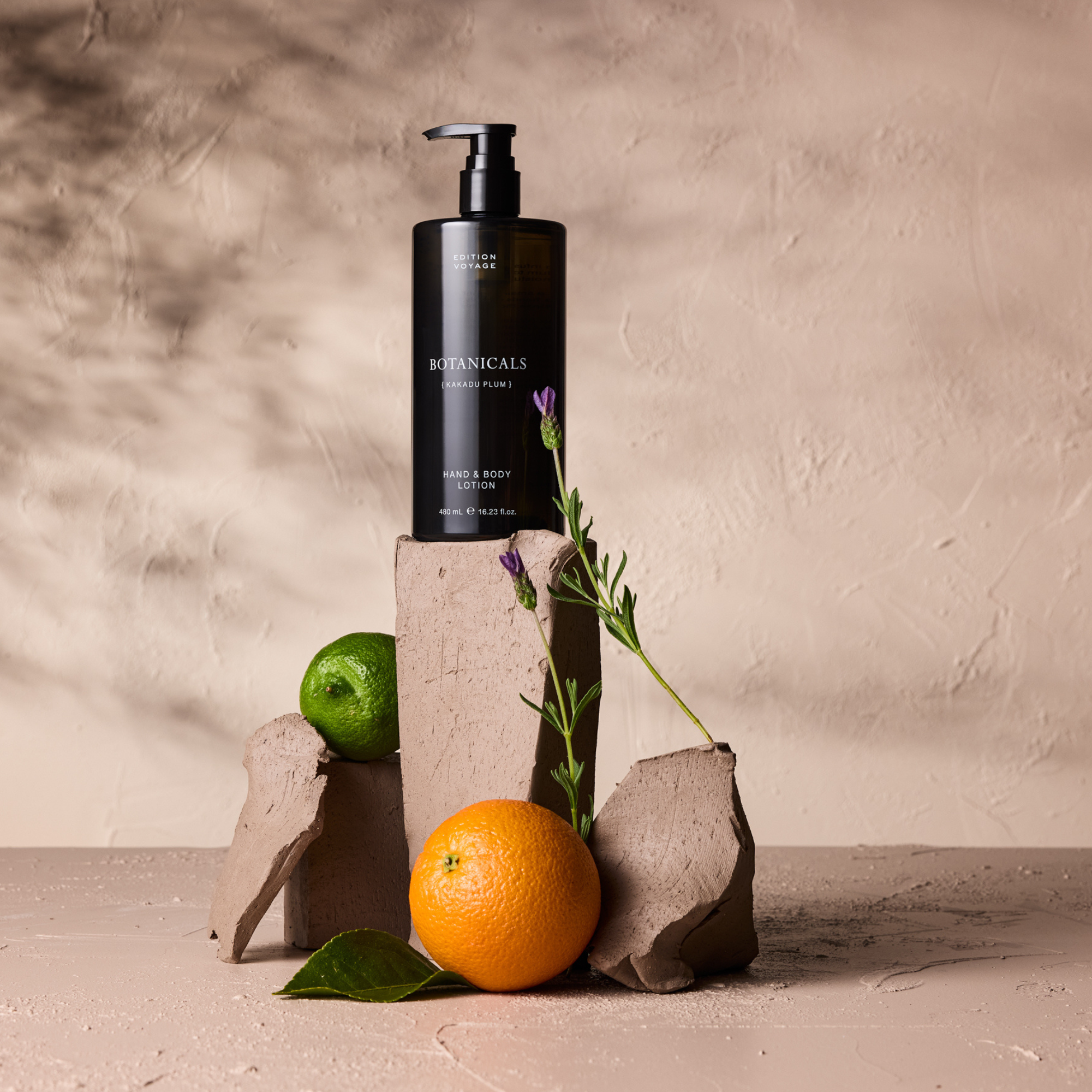 An artistic product display featuring an Edition Voyage Botanicals Kakadu Plum Hand & Body Lotion bottle.