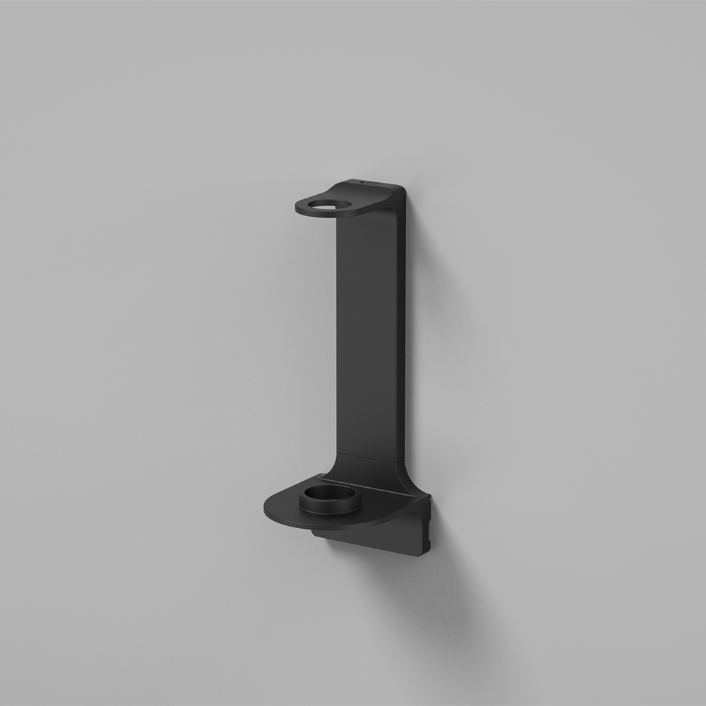 Pluma single wall mount amenity bracket system in matte black for one dispenser bottle.